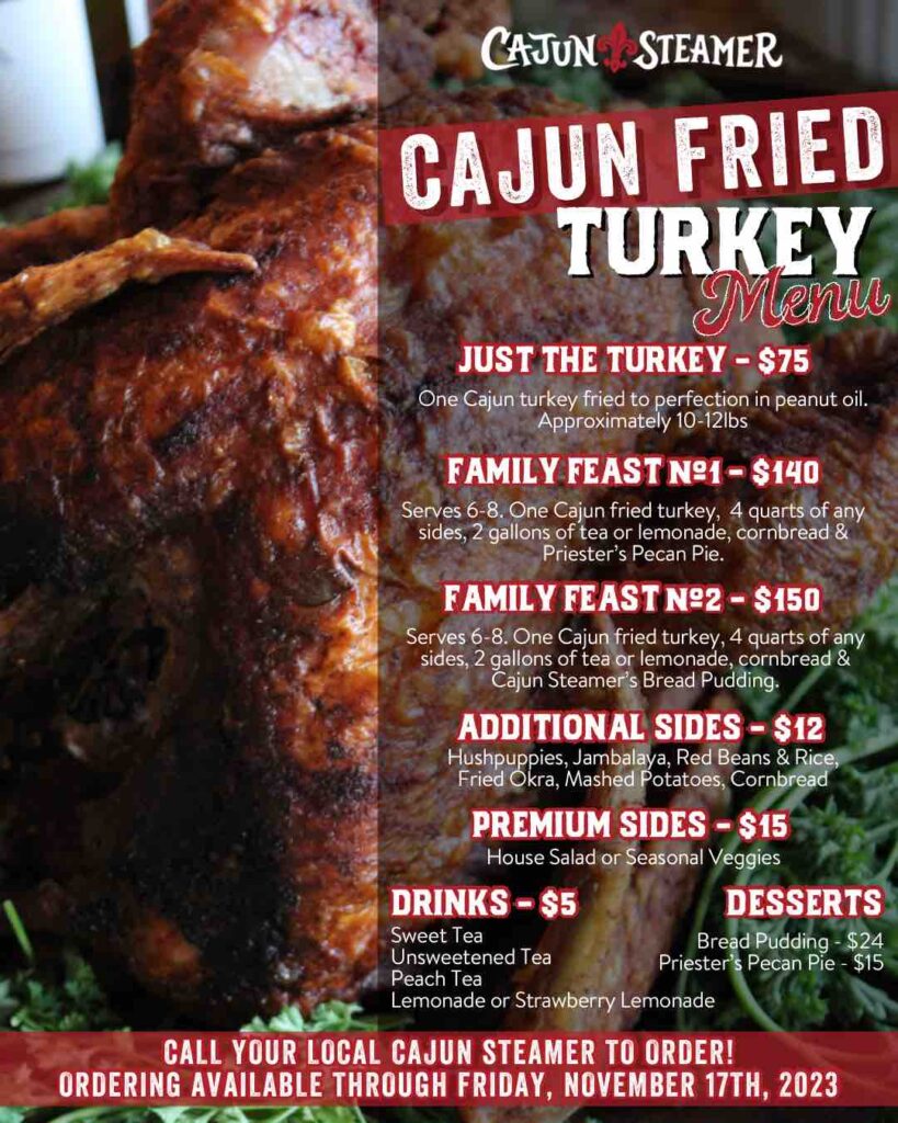 Menu of Thanksgiving options at Cajun Steamer