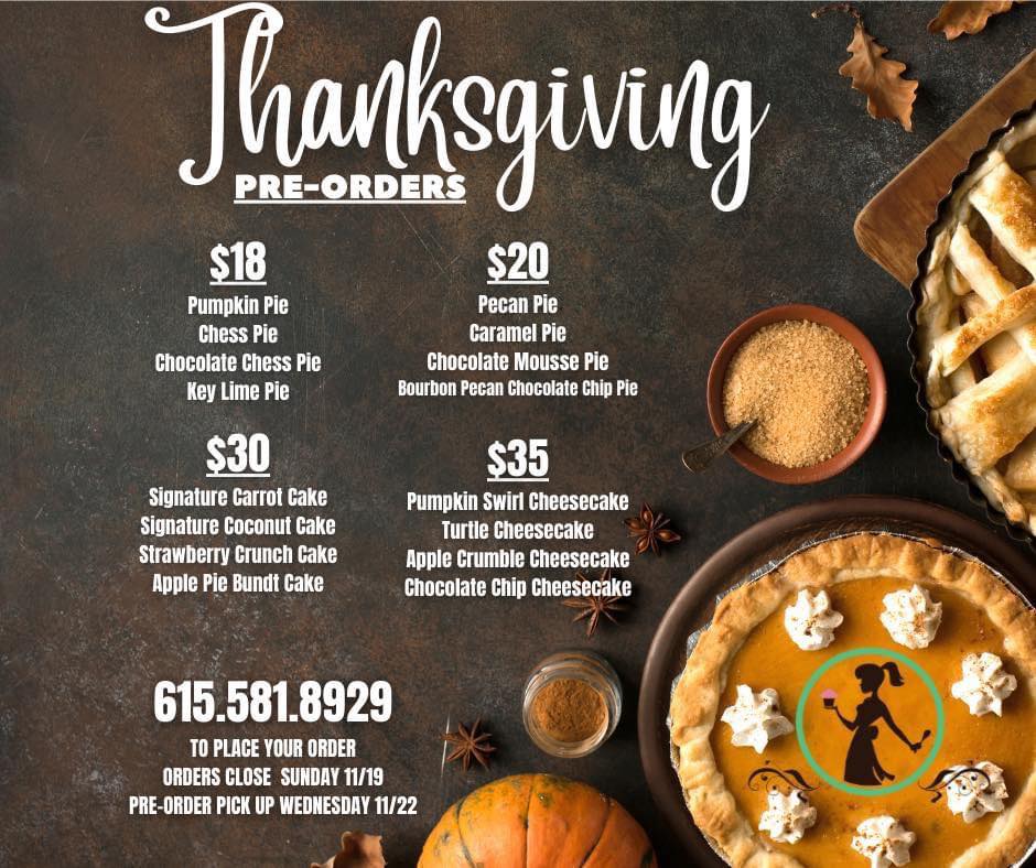 Southern Charm Bakery and Cupcakery Thanksgiving menu
