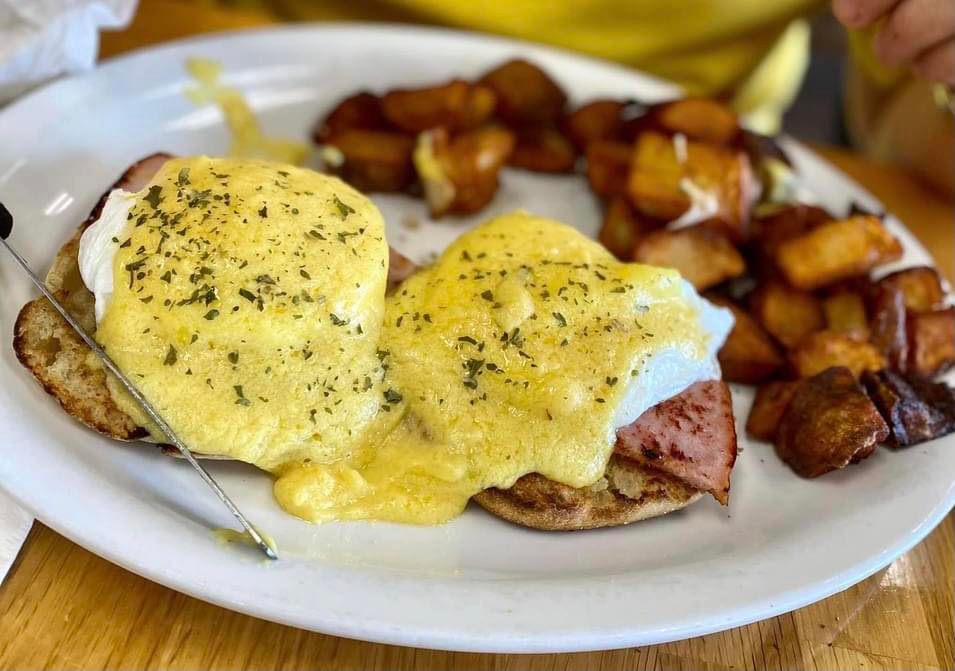 Eggs benedict with potatoes on a plate from 393 Cafe